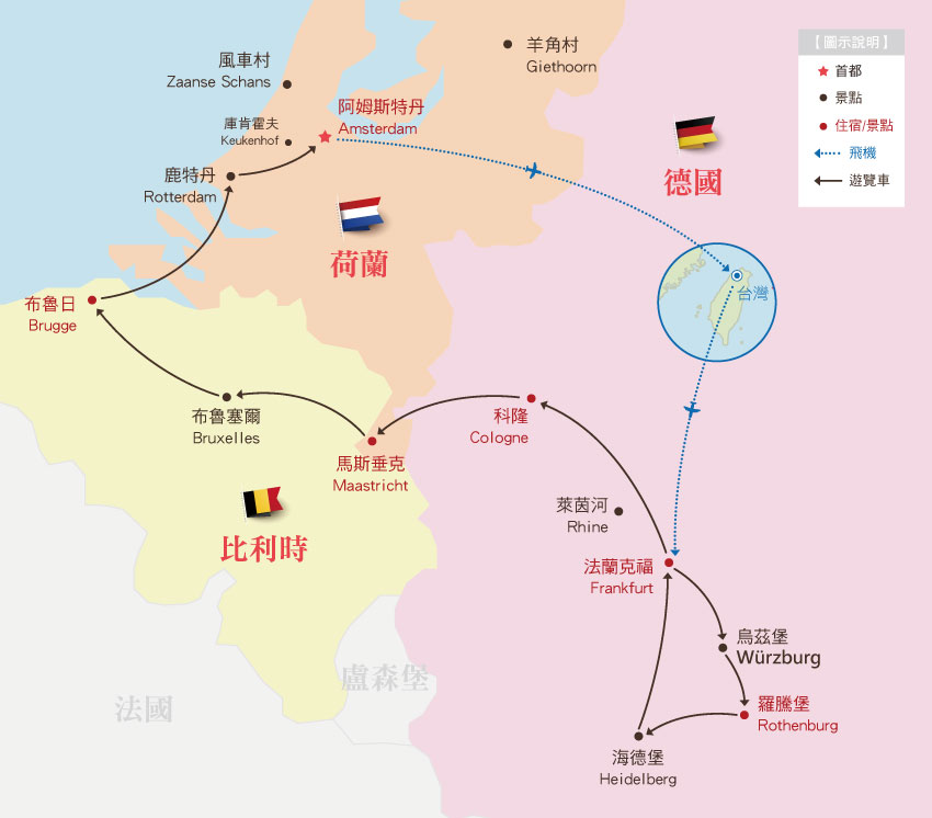 荷蘭-比利時-德國行程地圖